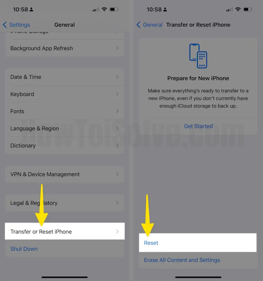 Tap Transfer or Reset iPhone Select Reset on iPhone