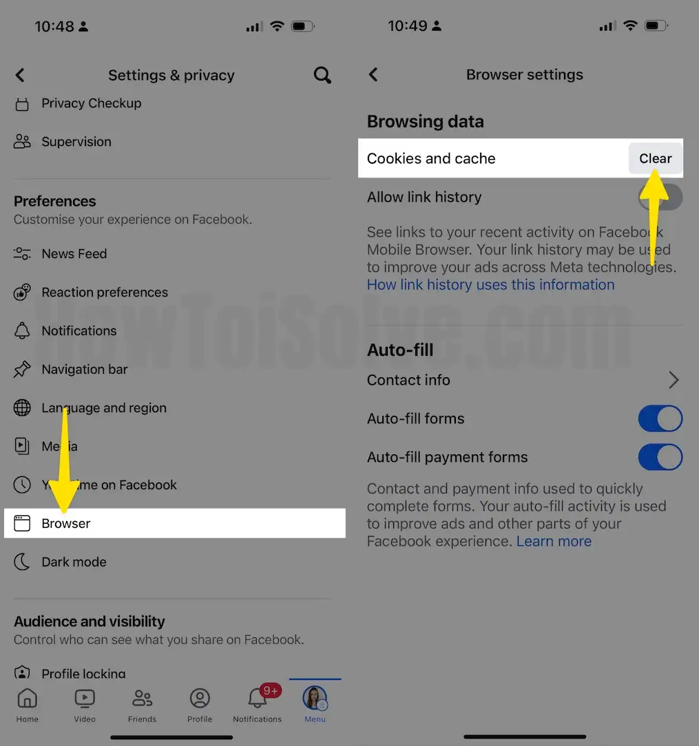 Select Browser Tap on Clear to Cookies and cache on iPhone