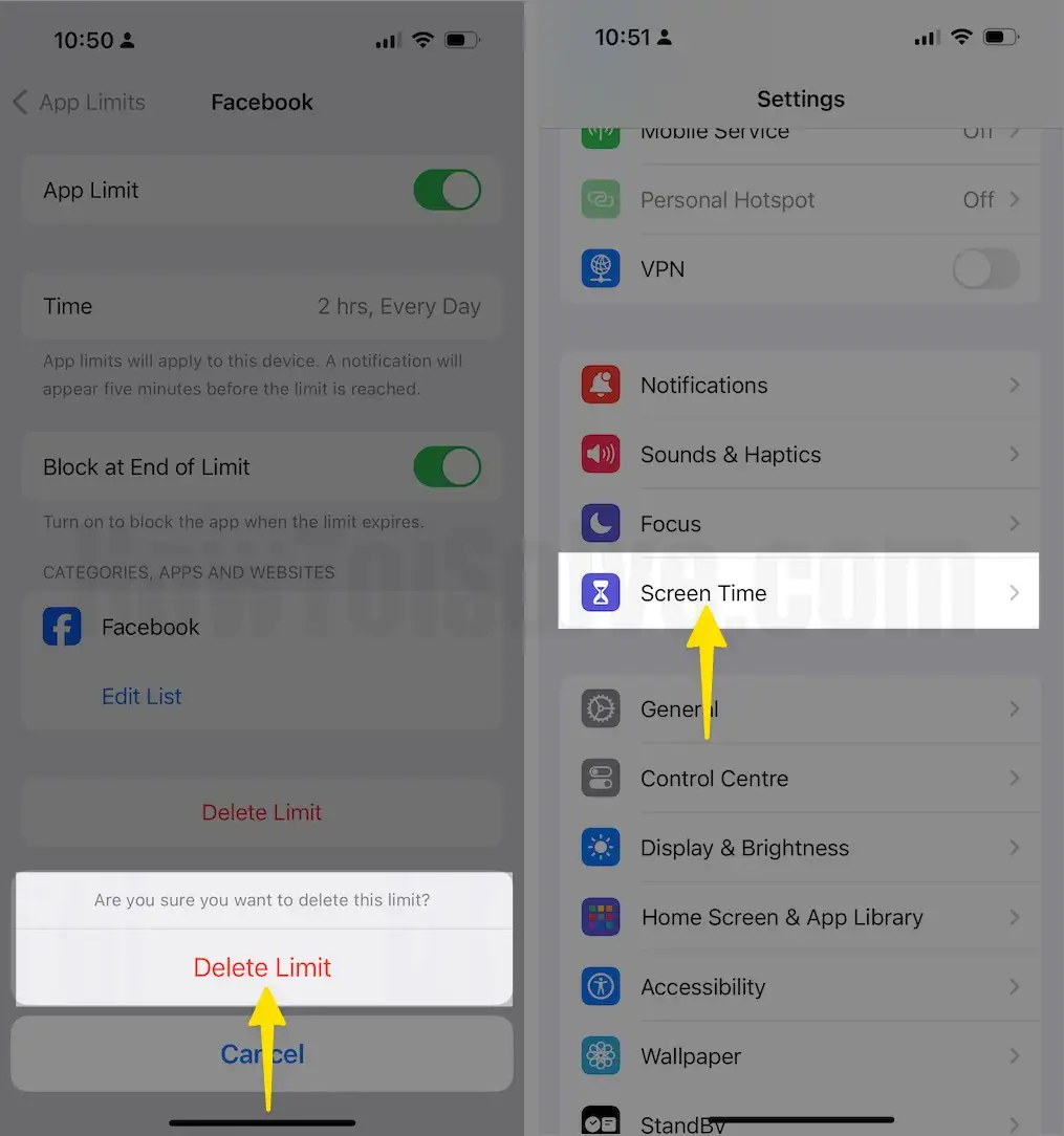 Confirmation to Delete Tap Delete Limit Select Screen Time on iPhone