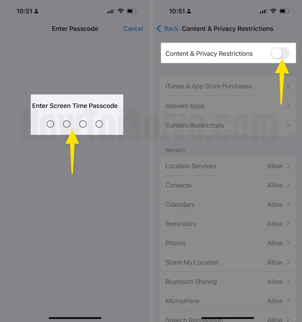 Enter Screen Time Passcode Disable Content & Privacy Restrictions on iPhone