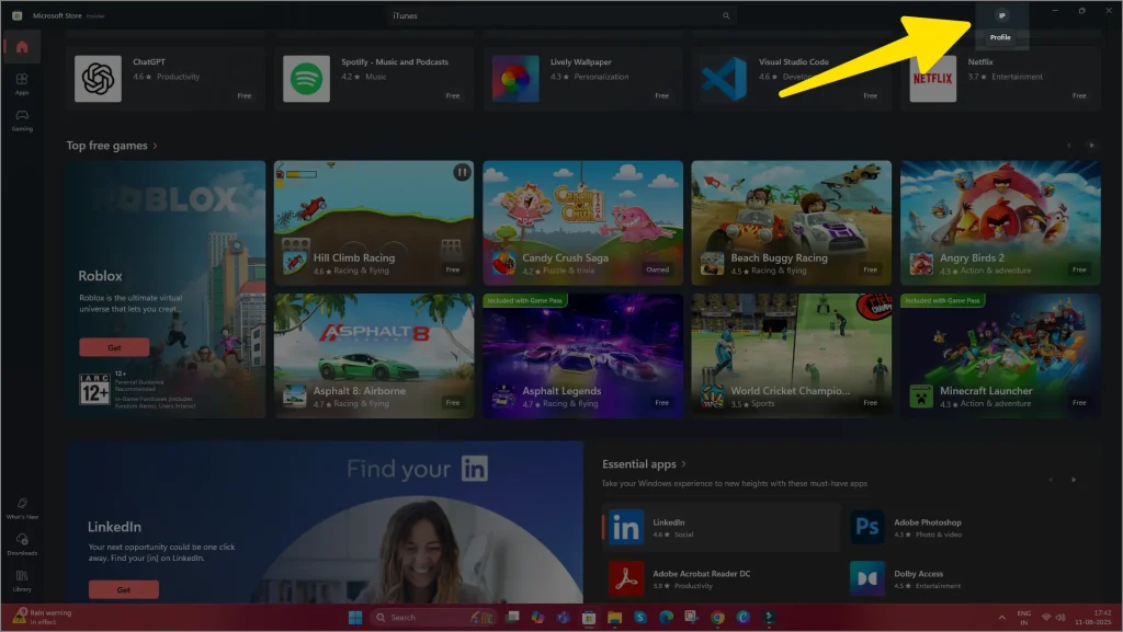 Profile in microsoft store in windows 11