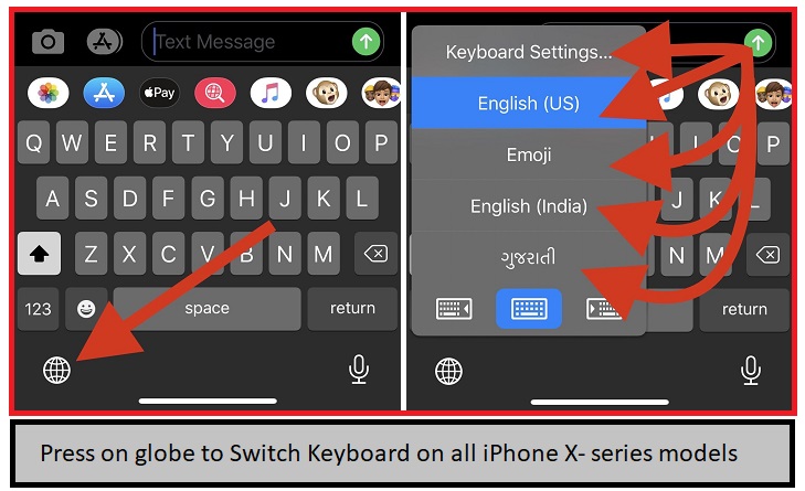 Press on globe to switch keyboard on All iPhone x iPhone XR iPhone XS Max iPhone 11 pro Max models