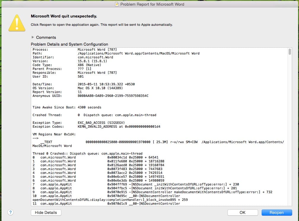 microsoft excel 2016 mac crash