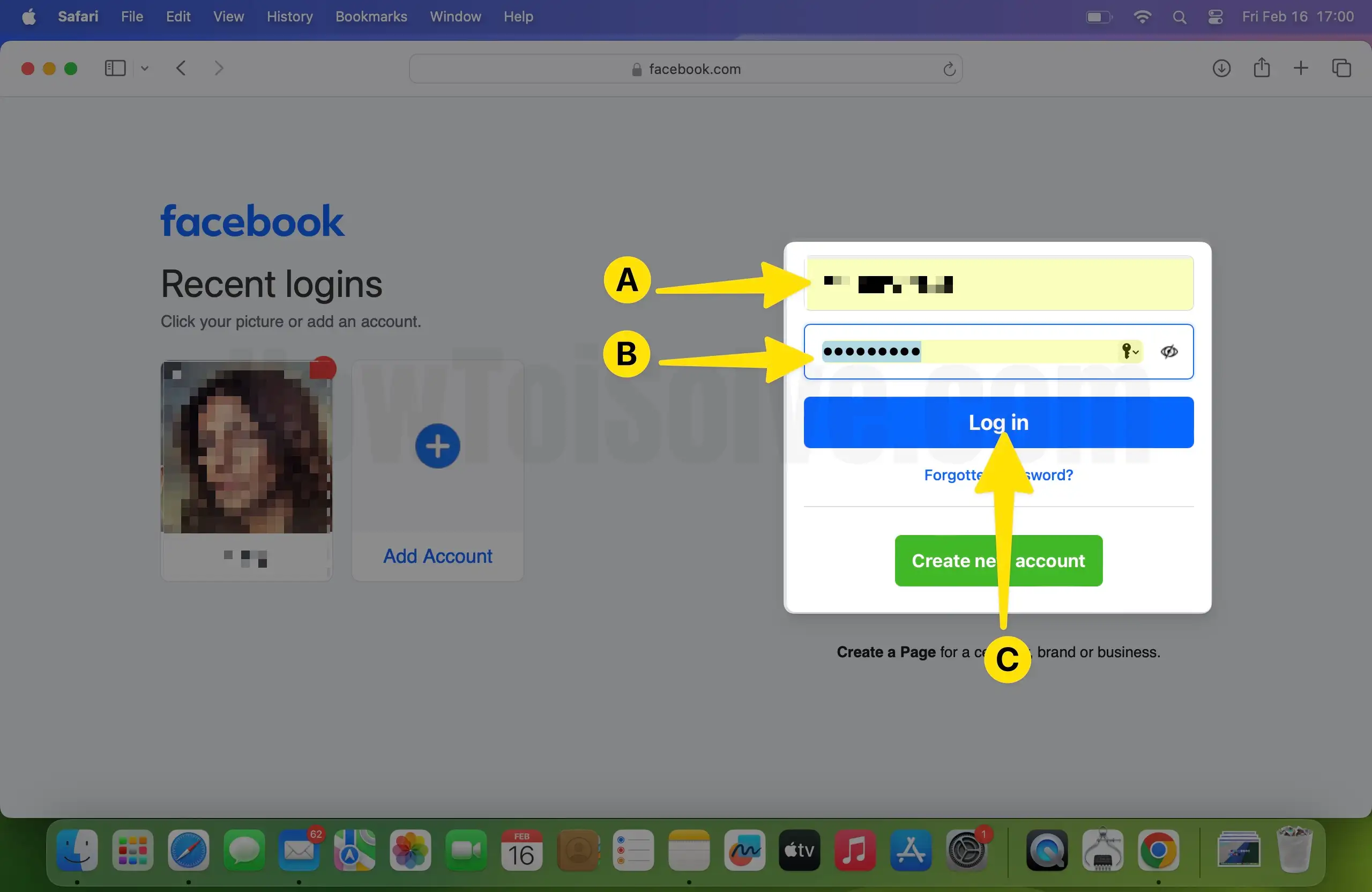 Enter Email and Password to Login Facebook Account on Mac