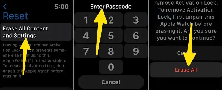 Click erase all content and settings tap enter passcode choose erase all on apple watch