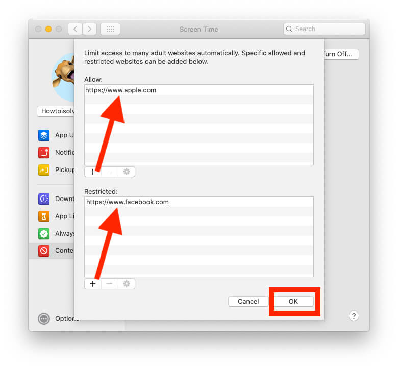 Add Allow Websites and Restricted Websites on Mac
