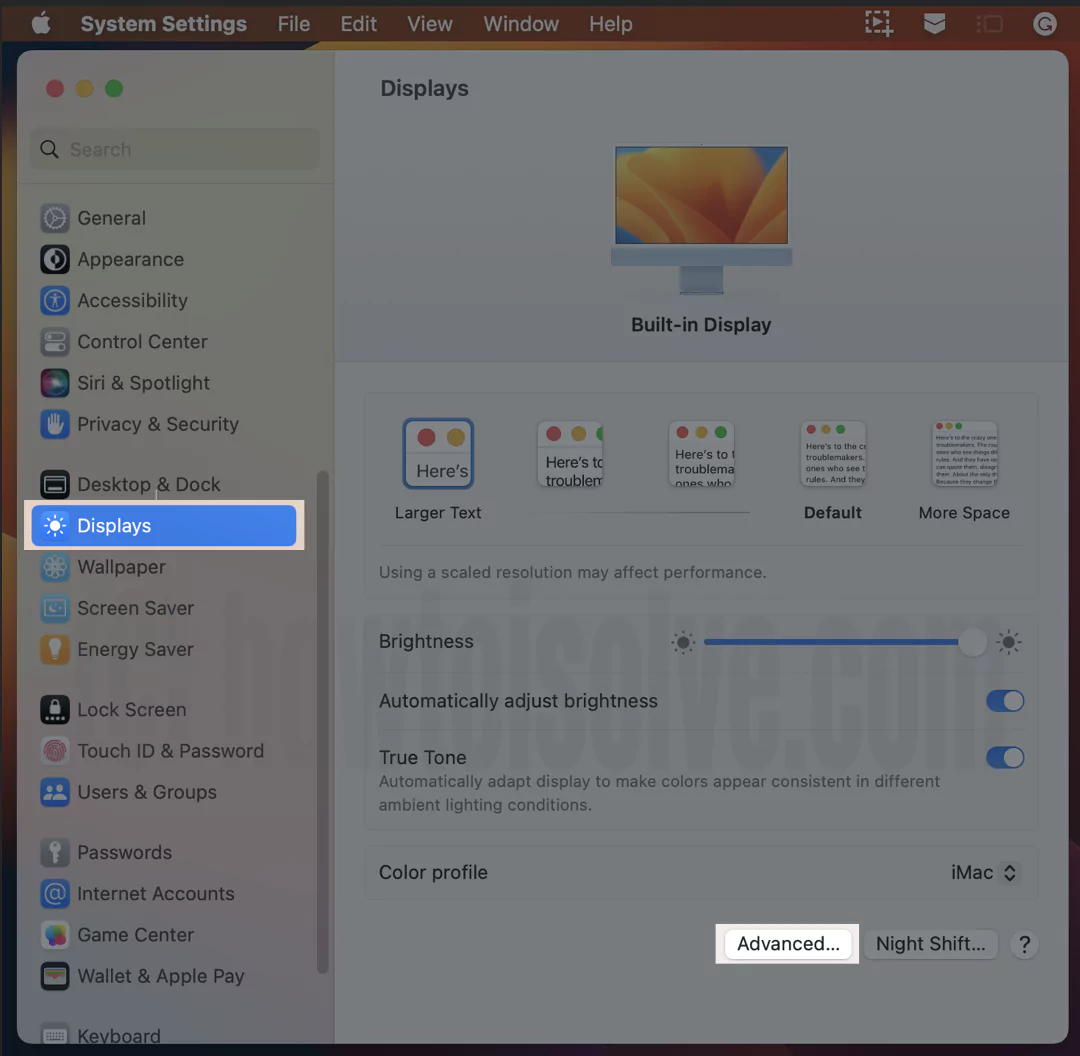 Advanced Display settings on mac in macOS Ventura