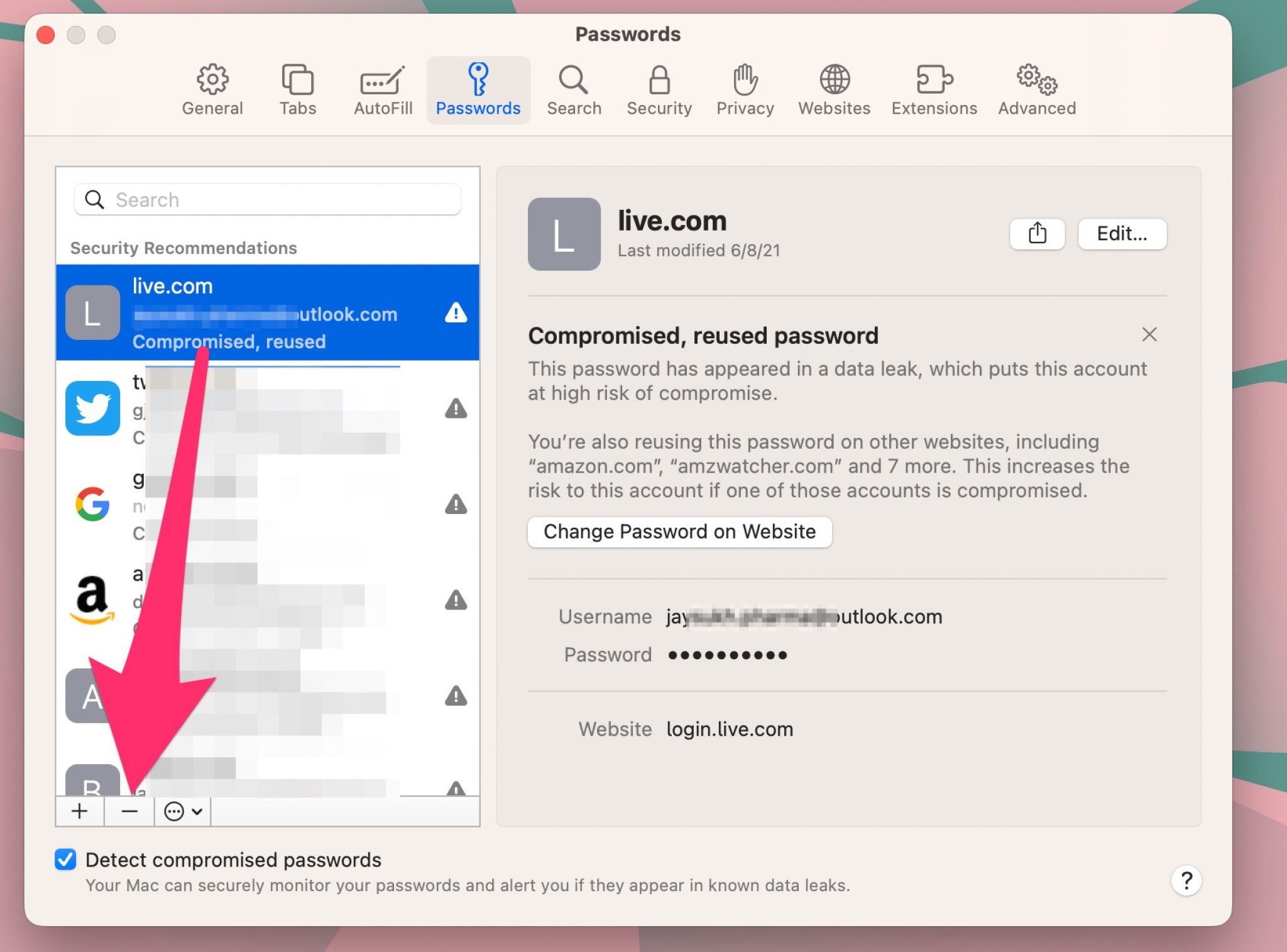 delete saved passwords safari browser