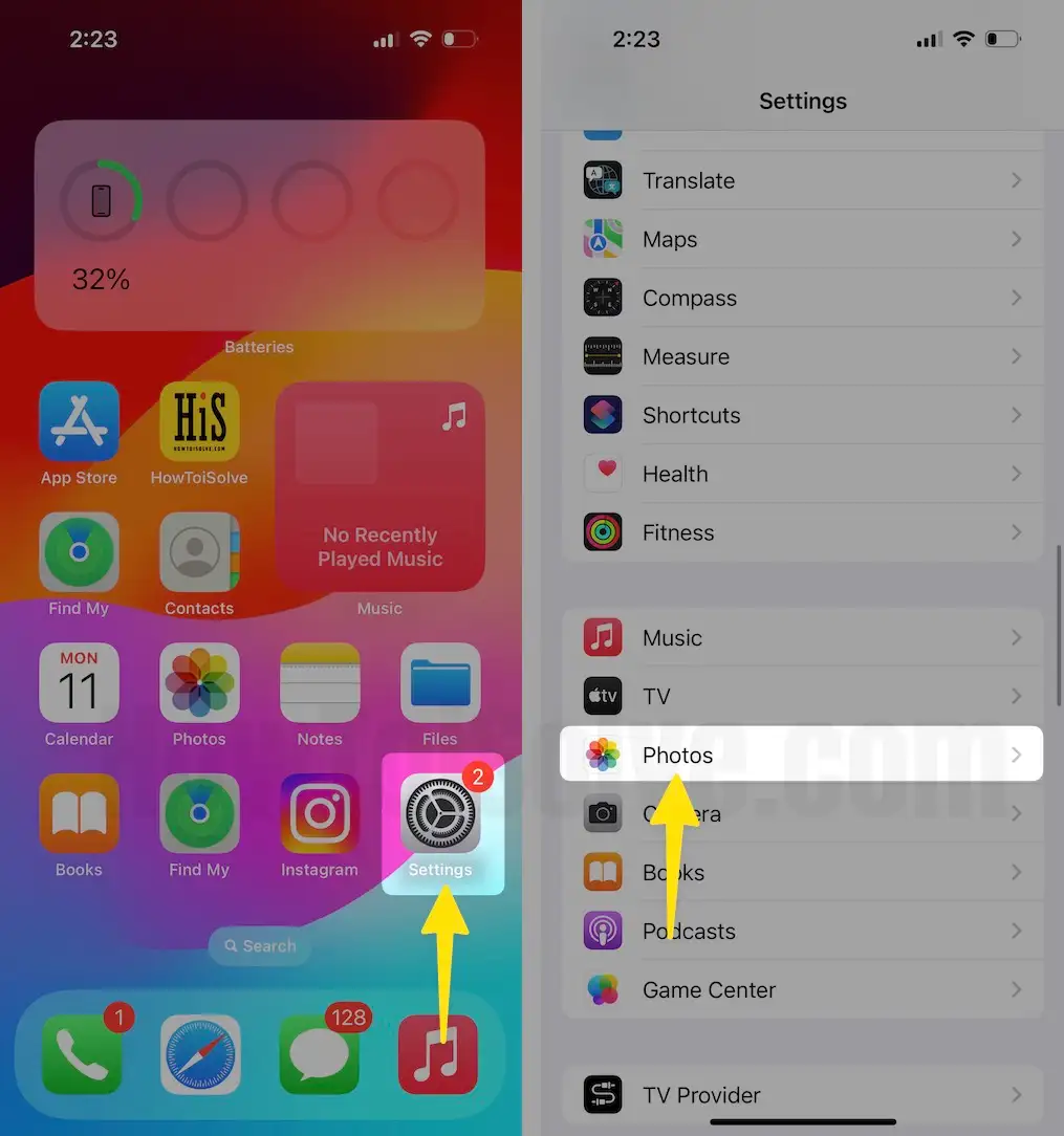 Launch the settings app tap on photos on iPhone