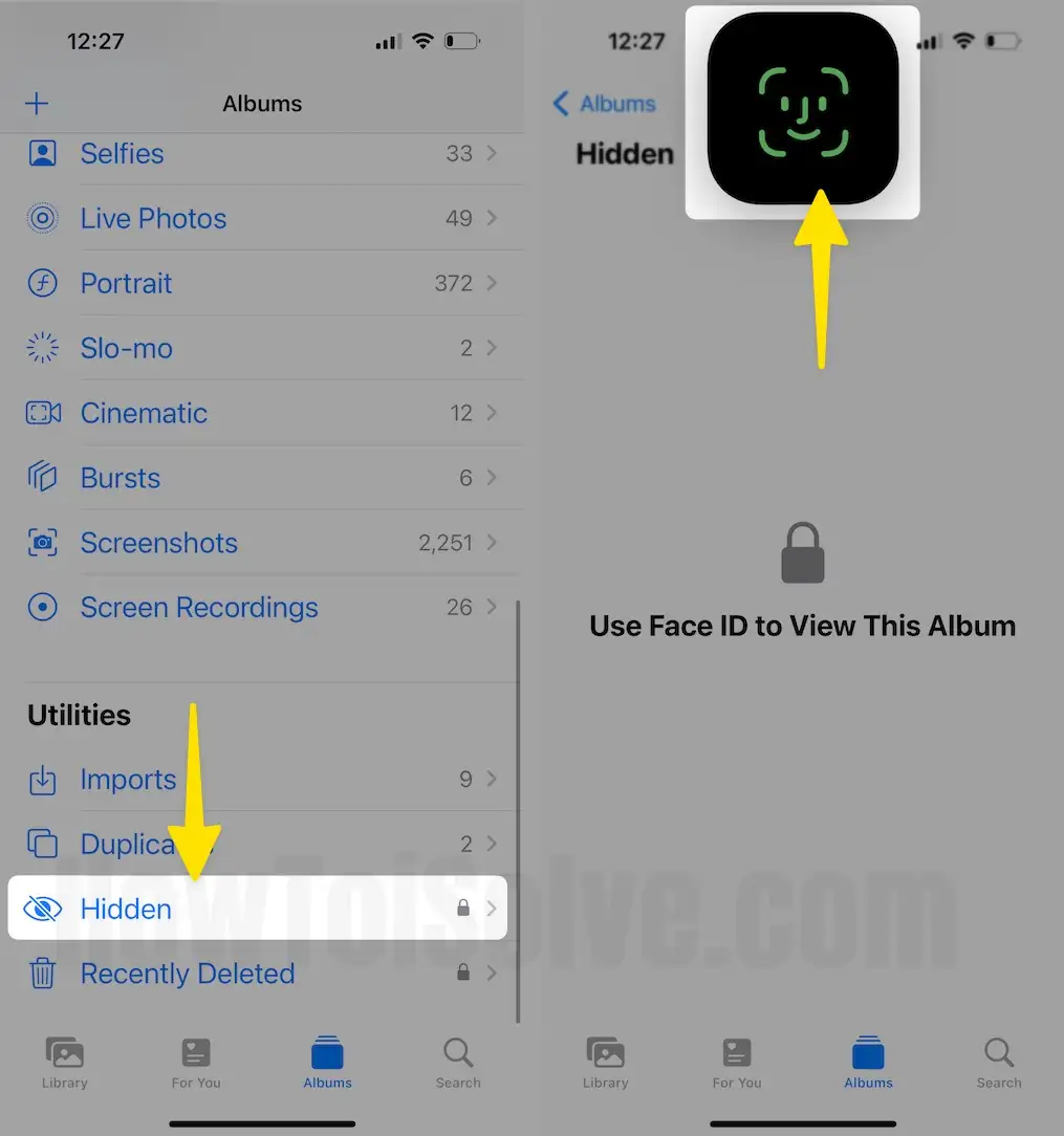 Select hidden then face lock on iPhone
