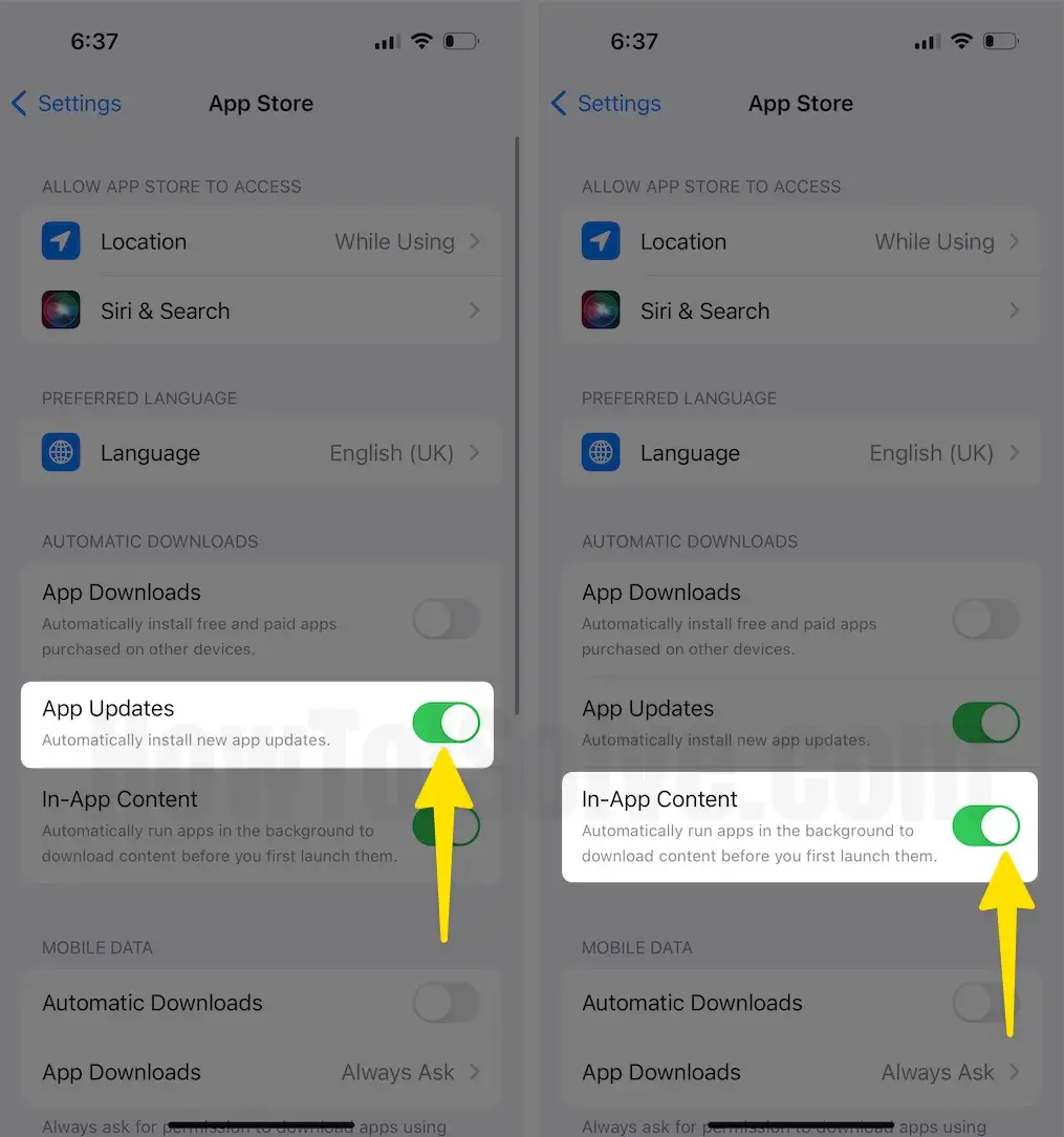 Turn on app updates , In-App content on iPhone