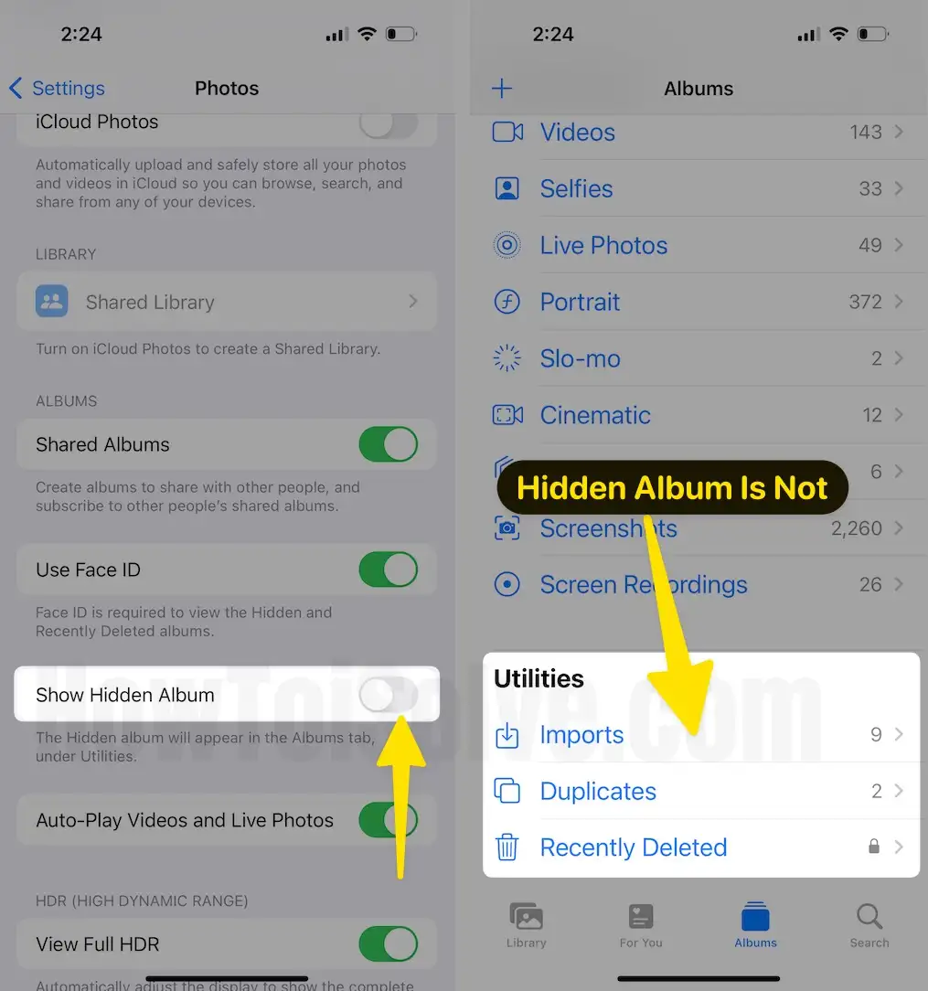 Turn off show hidden album tap hidden album is not on iPhone