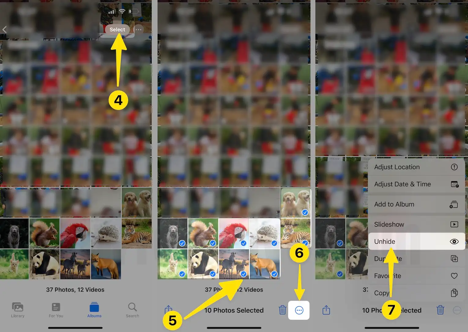 Tap on select tap on three icon select unhide on iPhone