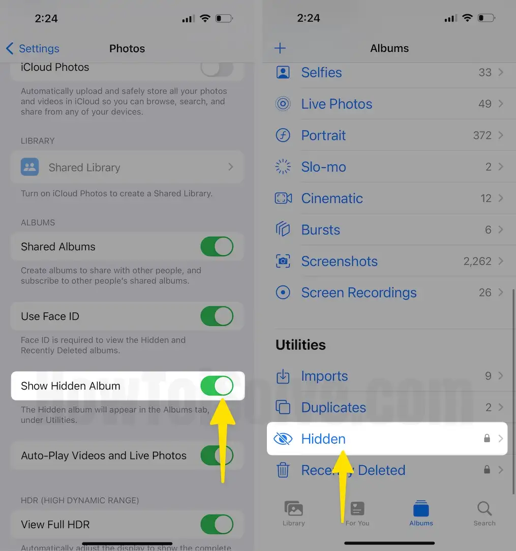 Turn on show hidden album select hidden on iPhone