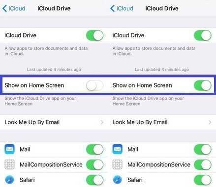 how to turn on or enable icloud drive app icon on iPhone 6, 6 plus, iPhone 5S, iPhone 4S and iPad Air, iPad Mini
