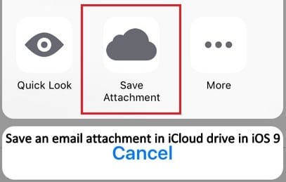 как сохранить вложение электронной почты в почтовом приложении на iCloud drive прямо в iOS 9, iPhone 5S, iPhone 6, iPhone 6 plus, iPad Air 2, iPad Mini 3