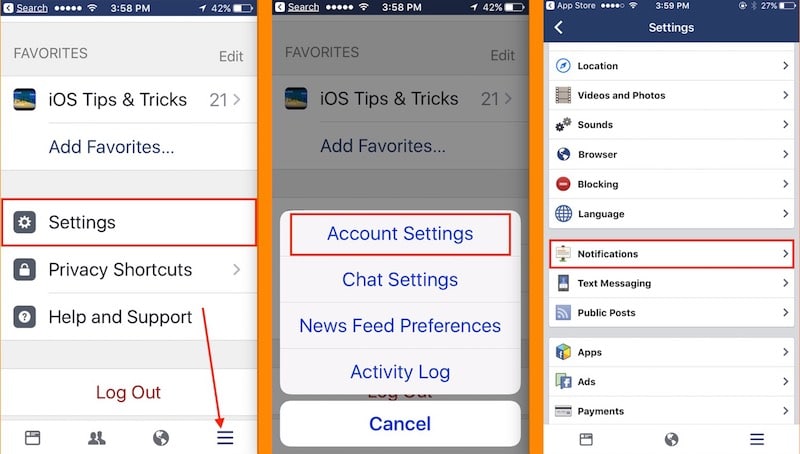 1 Account Settings on Facebook iPhone and Notifications