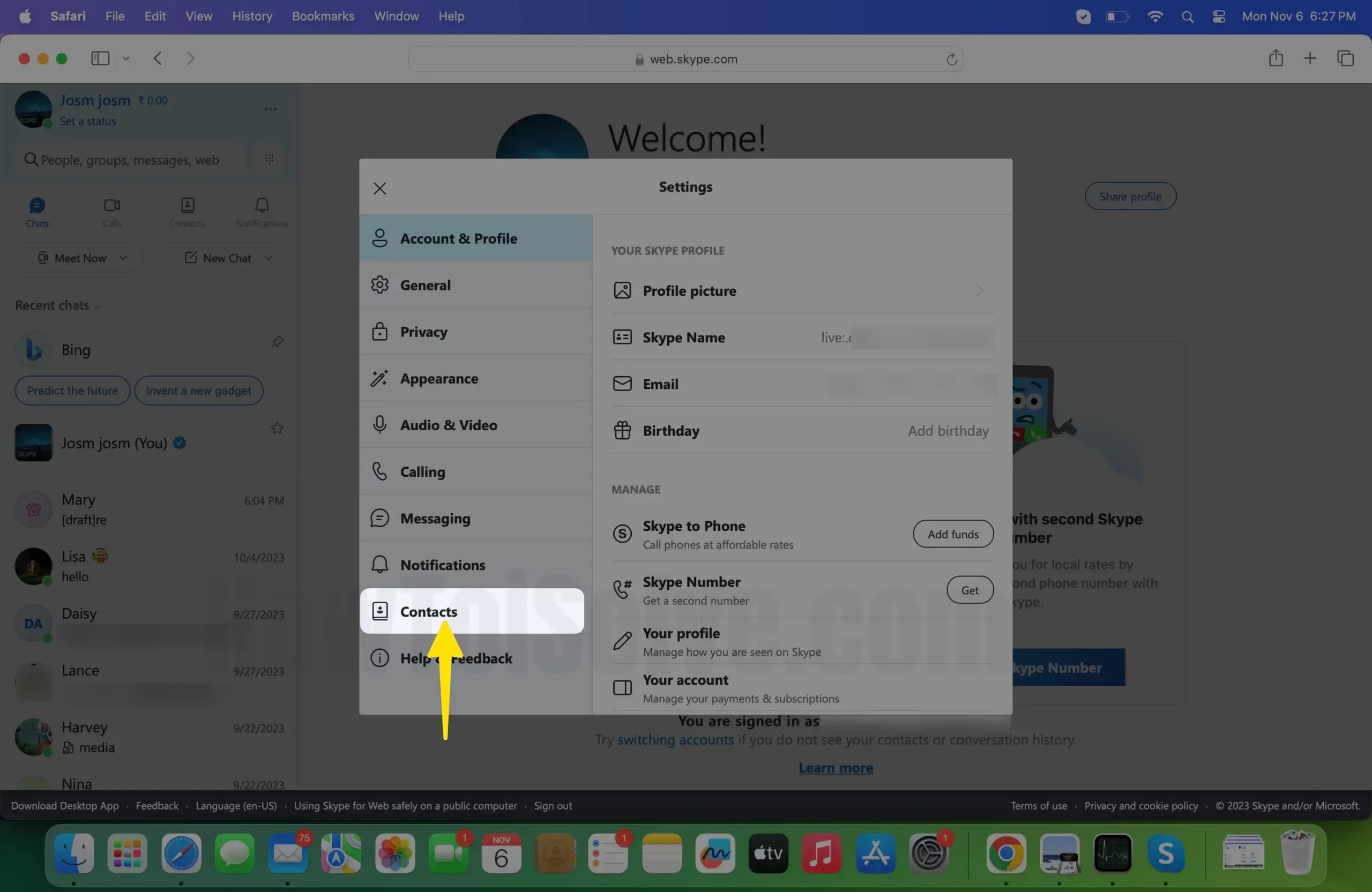 Select contacts Skype settings on mac