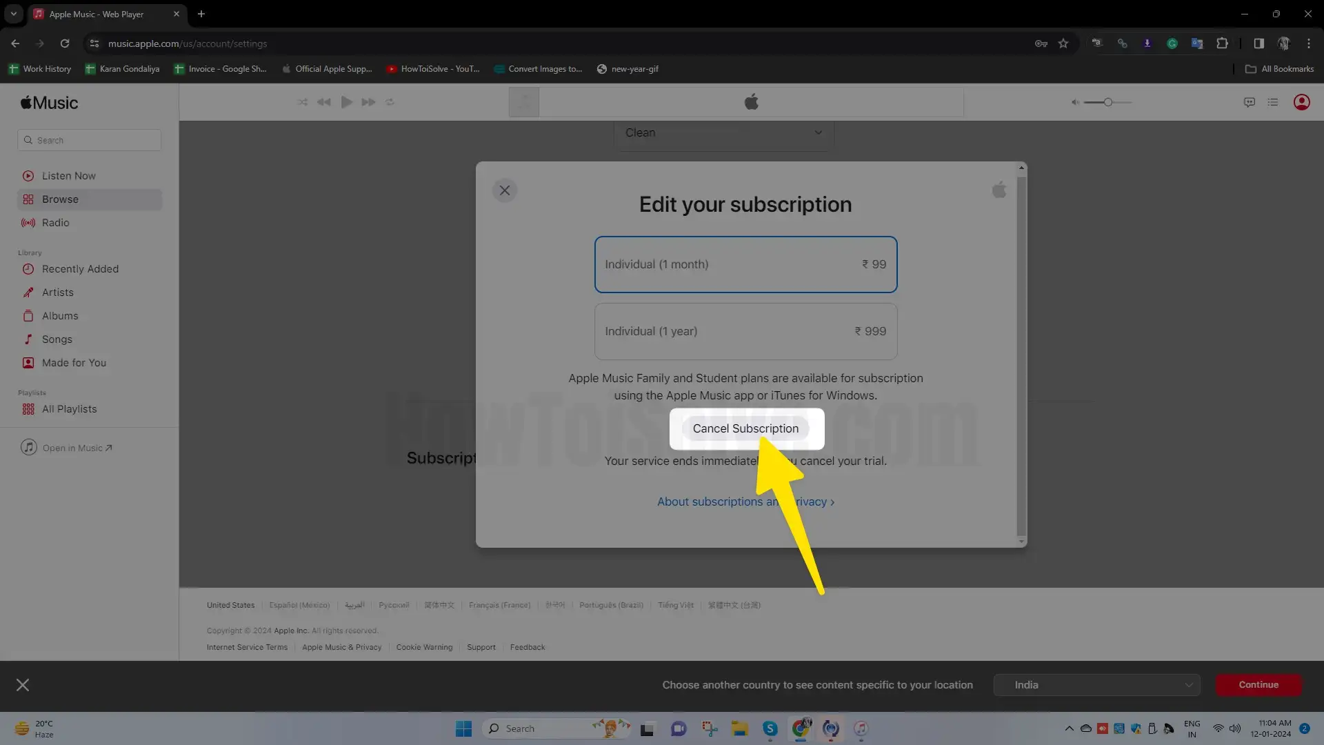 Click Cancel Subscription in music app on mac