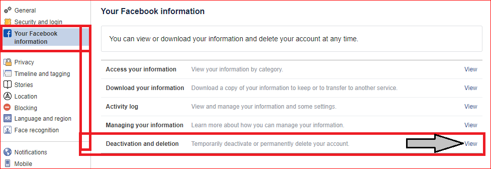 click on your Facebook information setting then click on view to delete Facebook account on PC or computer or Mac