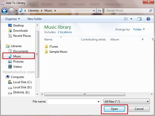 to import songs,videos or music on windows 10, 8 or 7 then Click on Open button