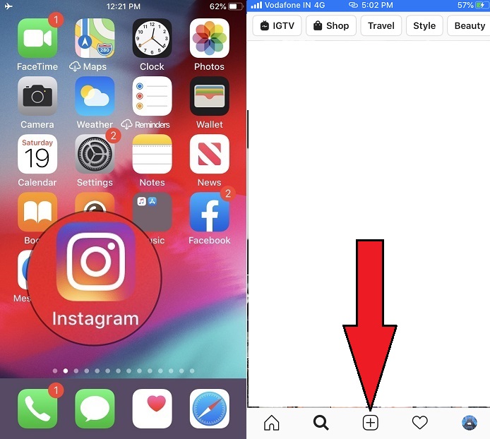 open instagram app on iPhone and tap on plus sign icon appear center and bottom on screen
