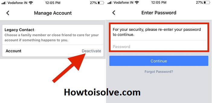 tap deactivate and enter facebook account password to confirm delete or deactivate Facebook account on iPhone