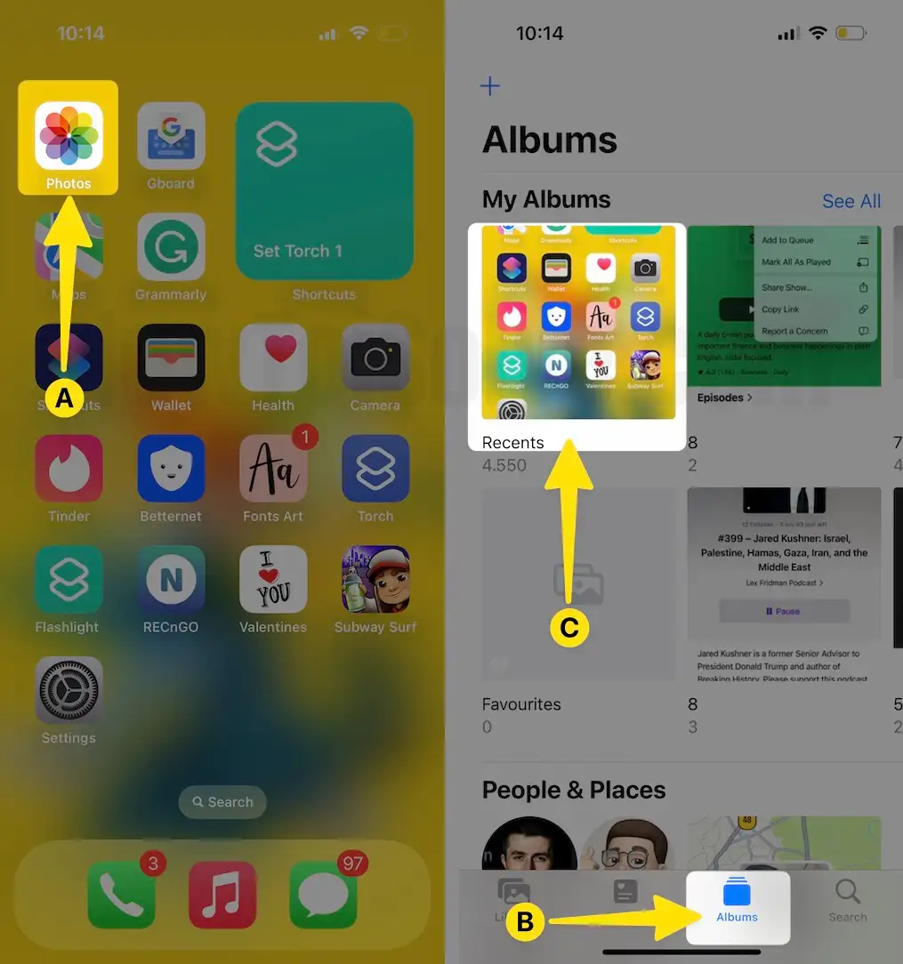 Access Photos App Select Albums Tap on Recents on iPhone