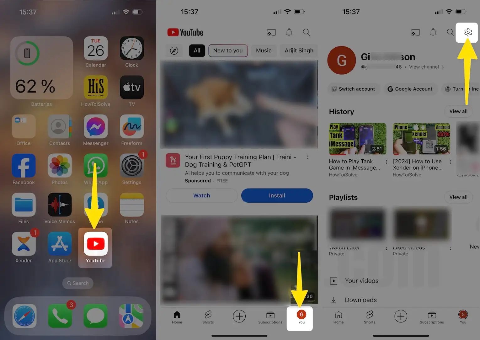 Launch the youtube app tap profile name click settings on iPhone