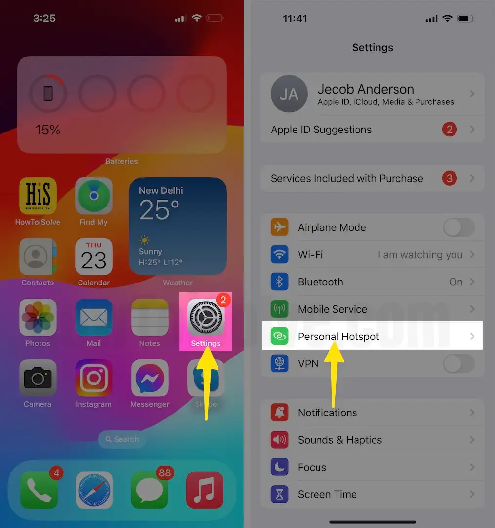 Open Settings Choose Personal Hotpot on iPhone