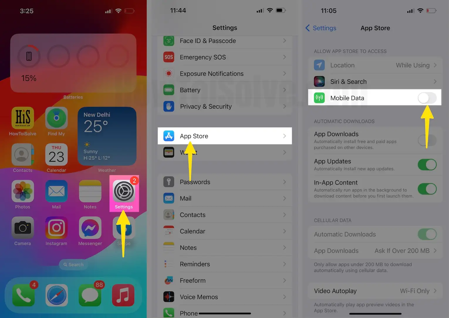 Open Settings Select App Store Disable Mobile Data on iPhone