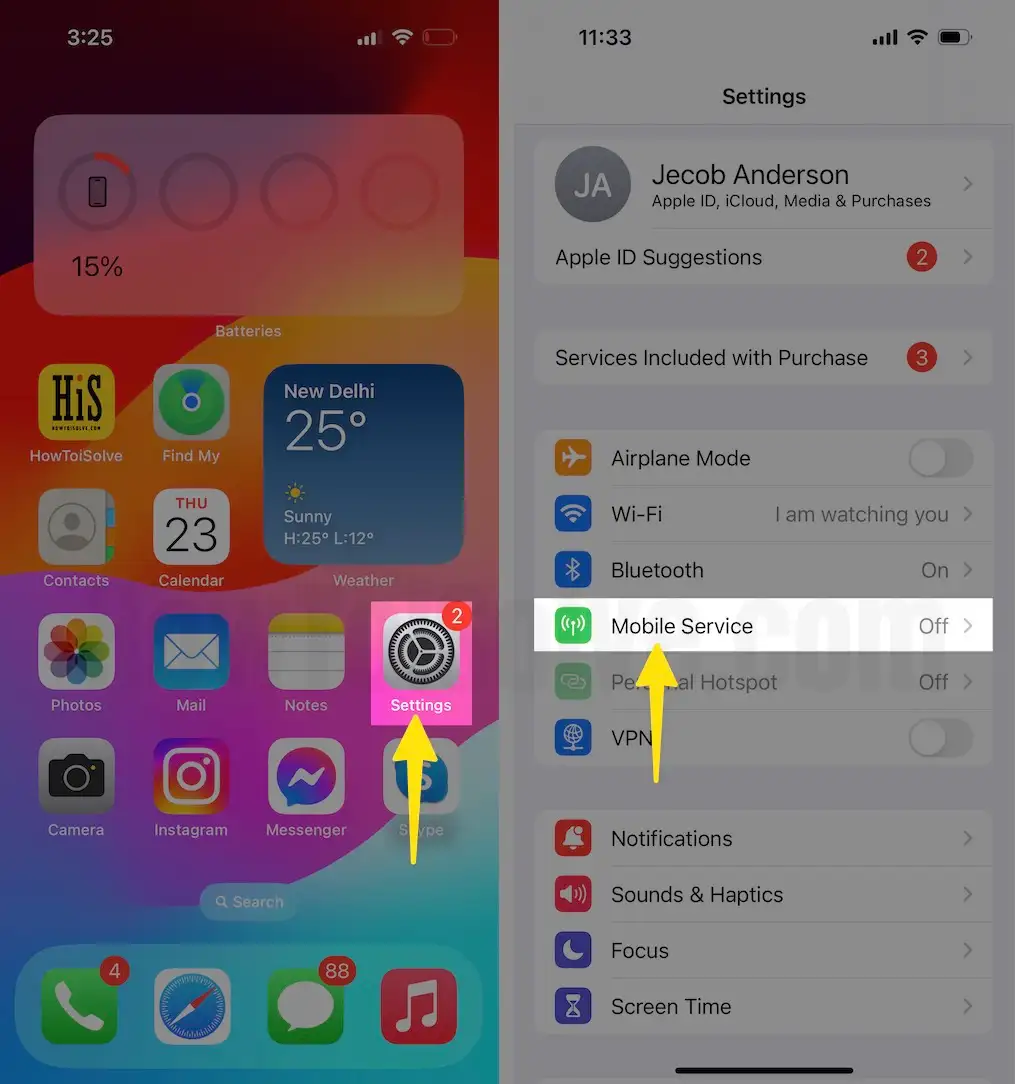 Open Settings Select Mobile Service on iPhone