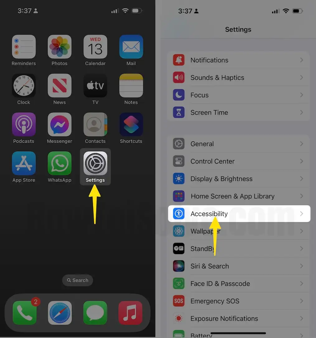 Open the settings swipe down and scroll the accessibility on iphone