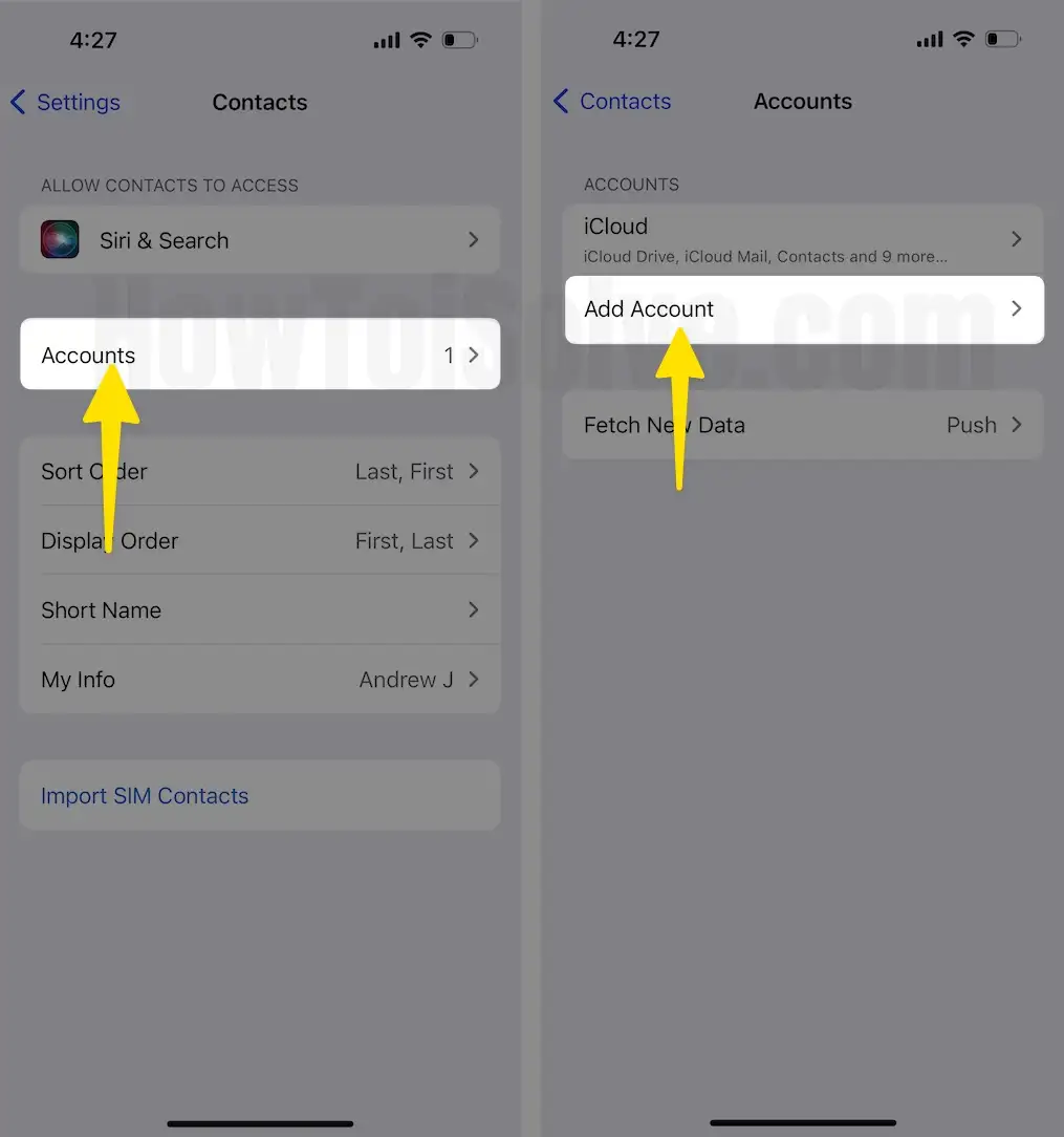 Click accounts select add account on iPhone
