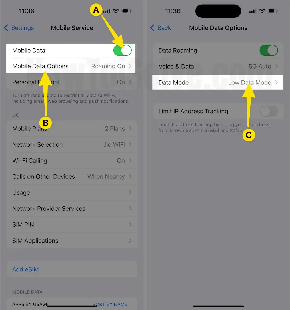 Enable Mobile Data Tao on Mobile Data Option to Enable Low Data Mode on iPhone