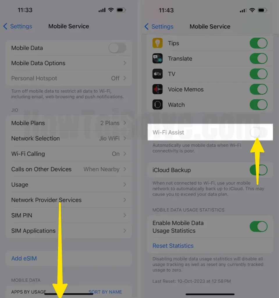 Scroll Down and Disable Wi-Fi Assist on iPhone