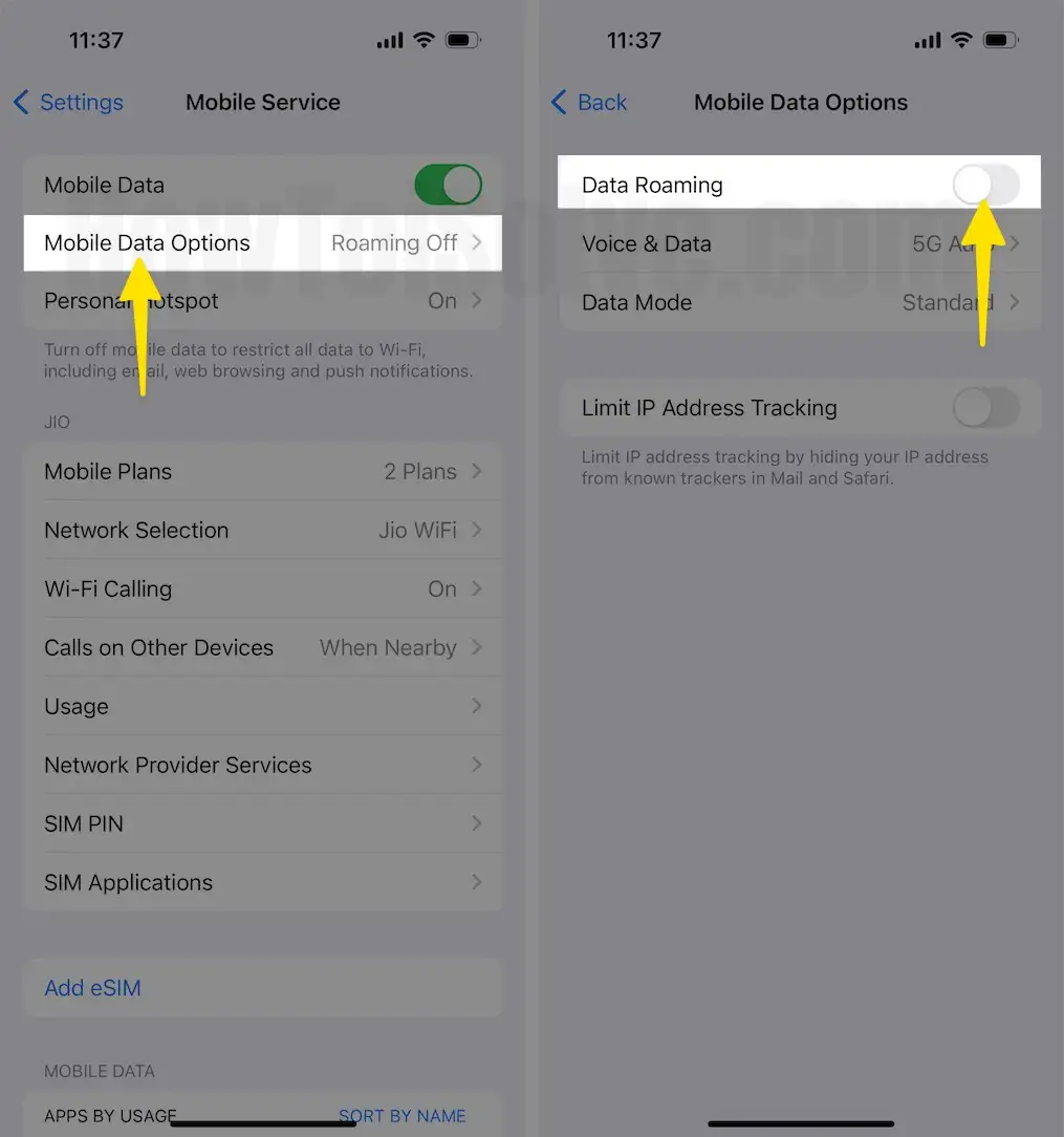 Select Mobile Data option Disable Data Roaming on iPhone