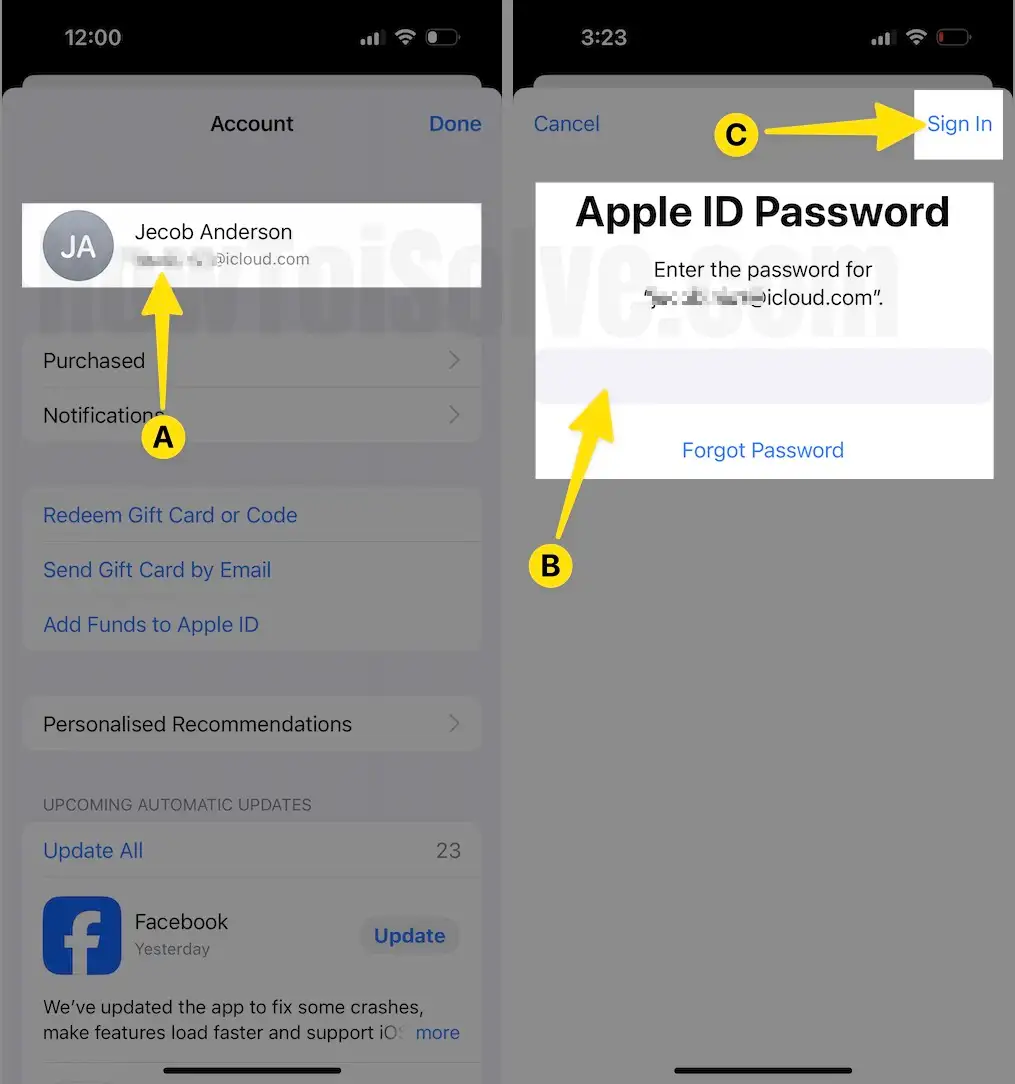 Select Profile Enter a valid Apple ID Password to Sign-in on iPhone