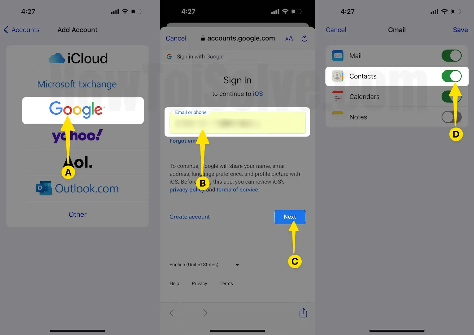 Select google click email id & password then next turn ON contacts on iPhone