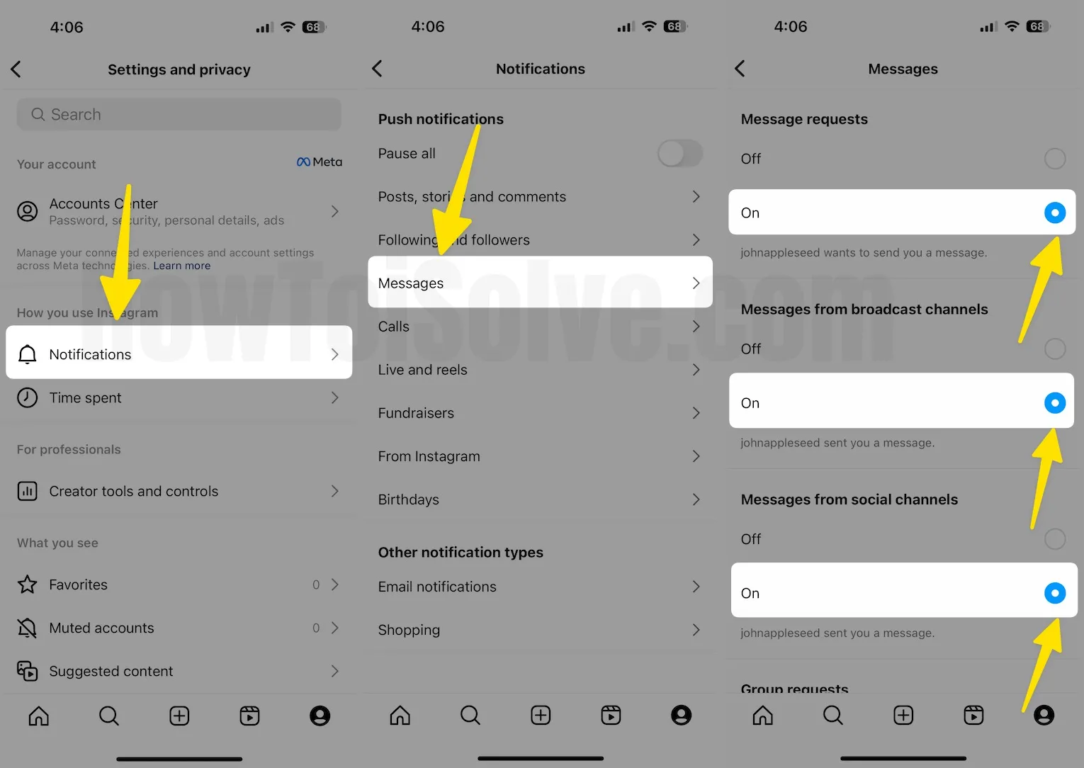 How to turn on DM or messages notifications in instagram on iphone