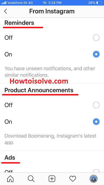 Reminders Product announcements ads notifications for Instagram on iPhone mobile