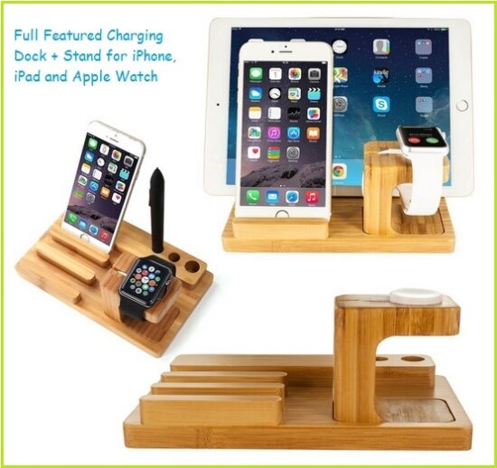 bamboo Apple Watch and iPhone 6S stand