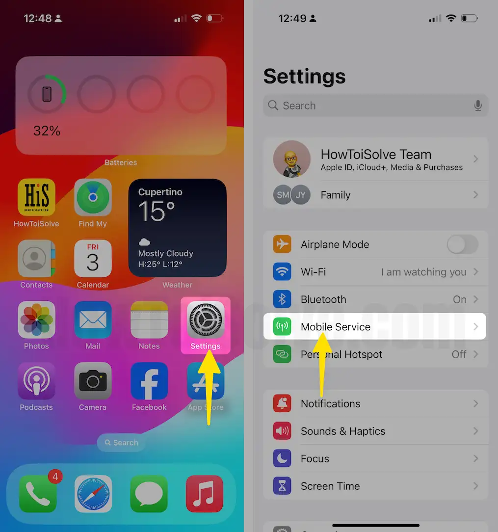 Launch the settings tap on Mobile Service on iPhone