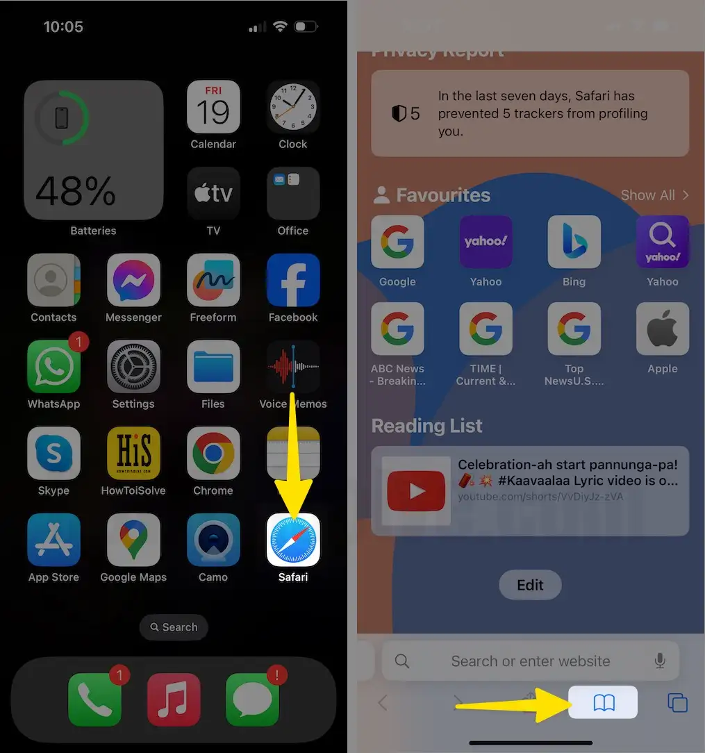 Open Safari app Tap on Bookmark icon on iPhone