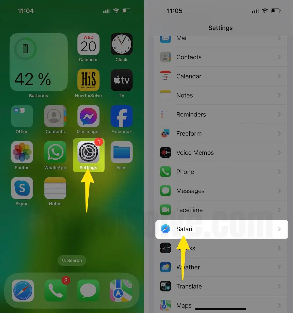 Open Settings App Select safari on iPhone