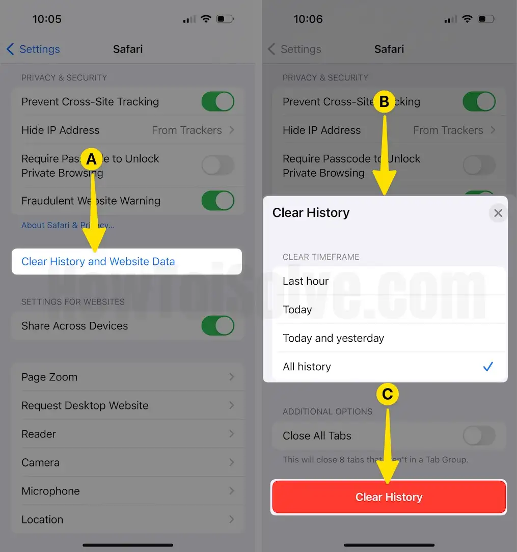 Tap on Clear History and Website Data select the one from the Clear Timeframe menu Select Clear History on iPhone