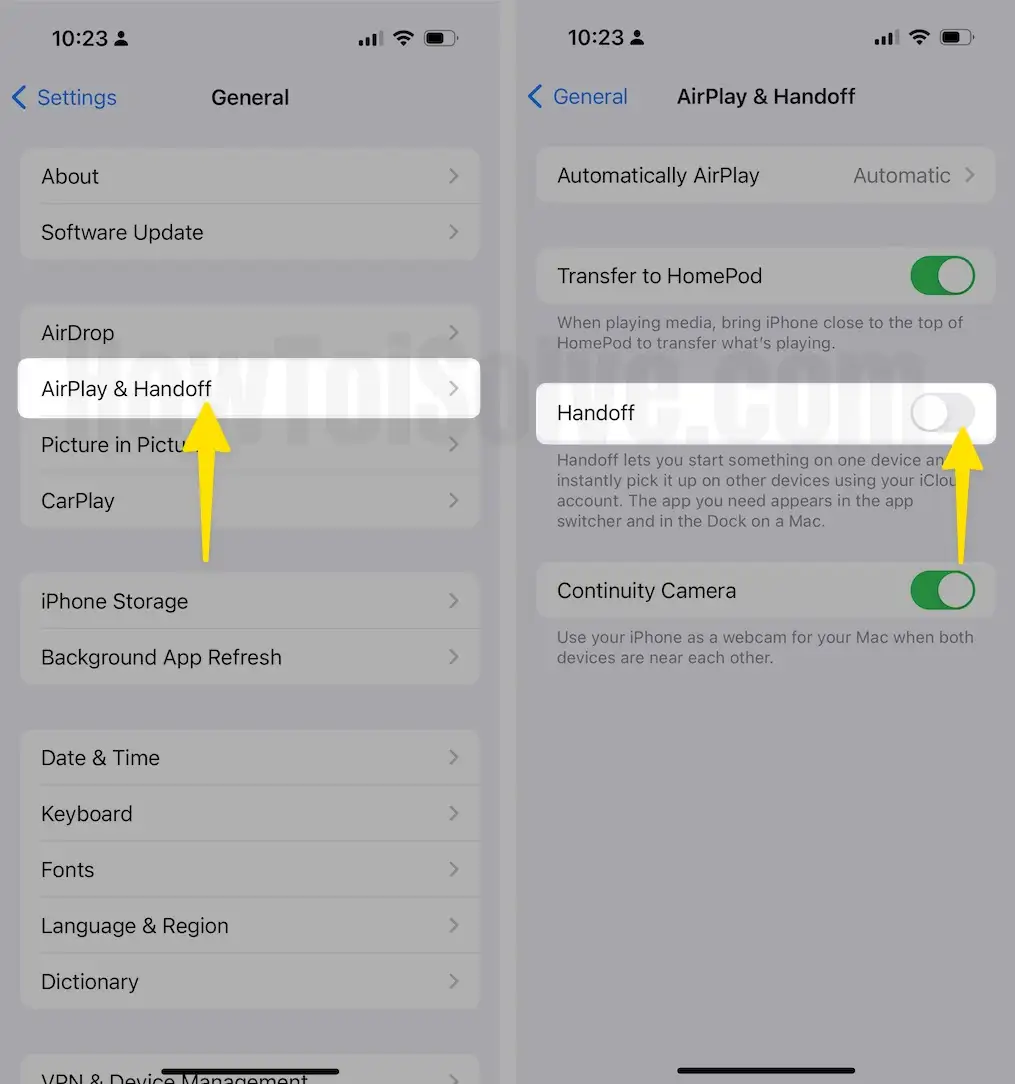 Click AirPlay & HandOff Disable Toggle HandOff On iPhone