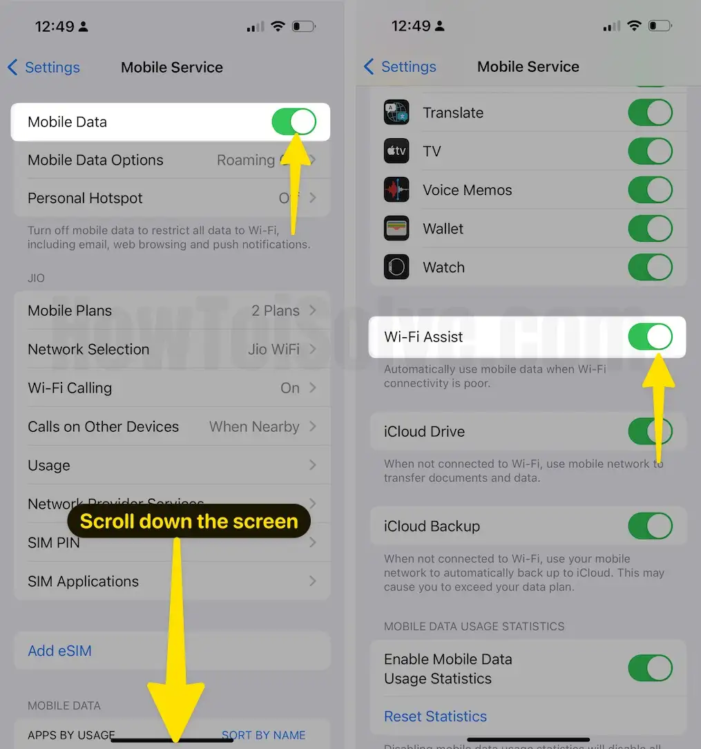 Enable toggle mobile data scroll down the screen enable toggle Wi-Fi Assist on iPhone