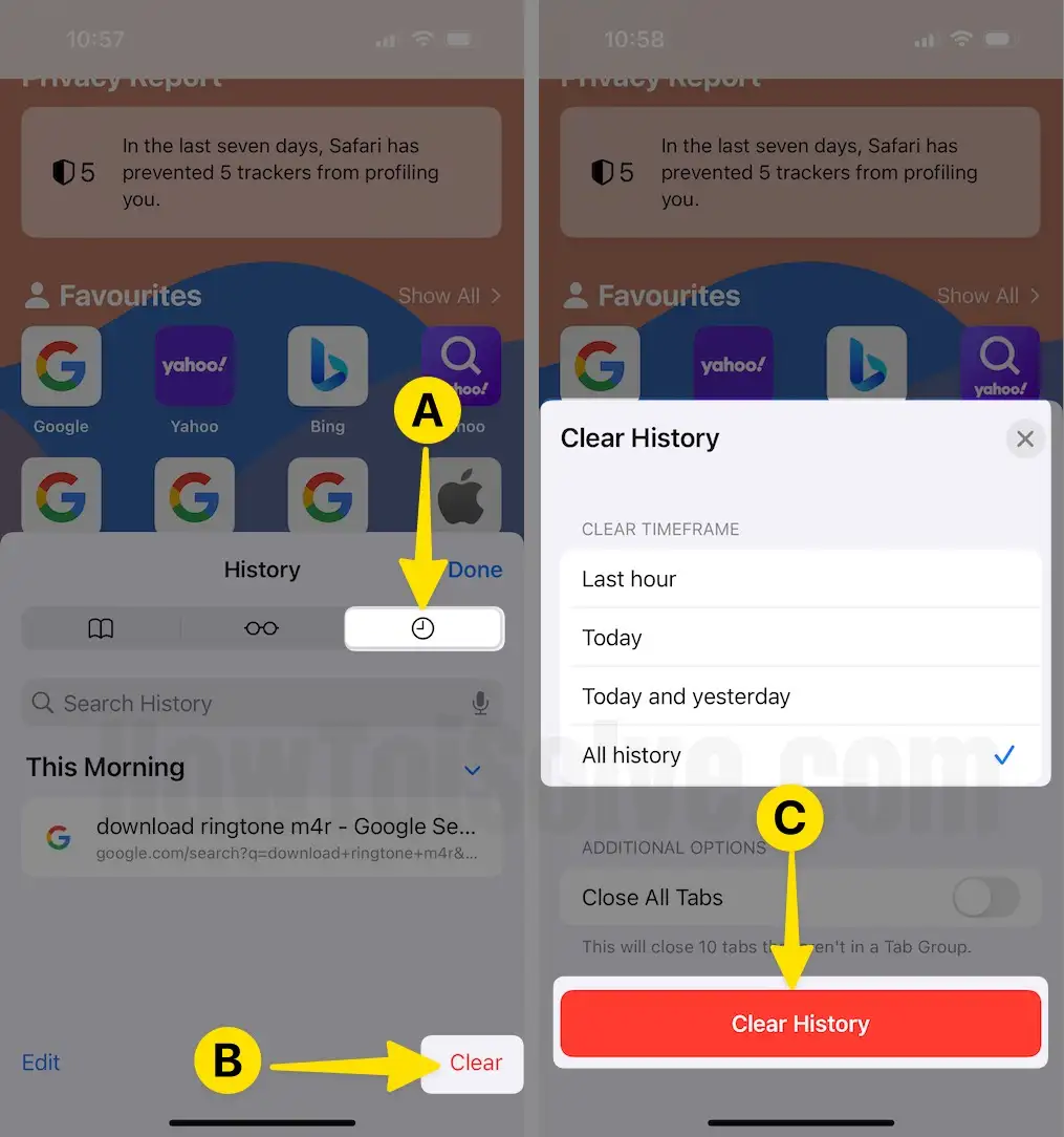 Tap on Clock Icon Select Clear Choose one from the Clear Timeframe menu Select Clear History on iPhone