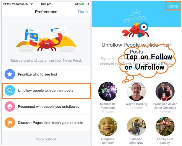 Follow or unfollow people from facebook iOS app